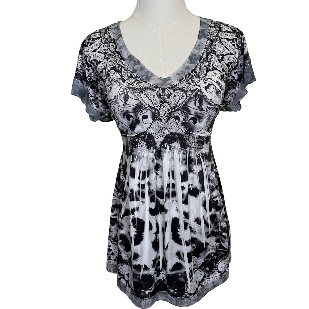 Vintage Apt 9 Black White Rhinestone Sublimation Tunic‎ Top S Y2K Fairy Grunge